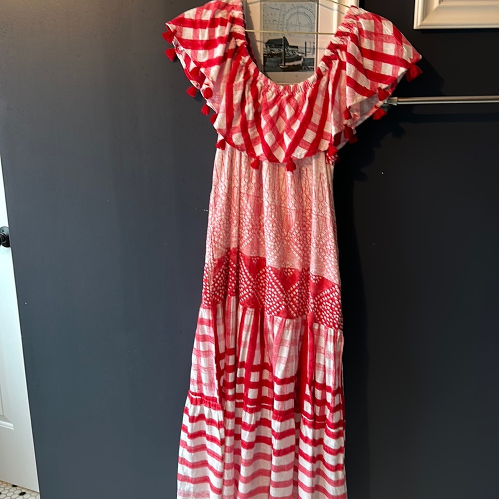 Off the shoulder checkered maxi